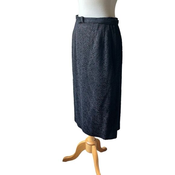 Vintage 1950s Black Lace Lined Midi Pencil Skirt with Belt - Picture 6 of 9